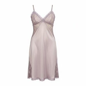 Vintage MCM Sears Pale Pink Midi Slip Dress Chemise Lilac Lace Panels Sheer 36